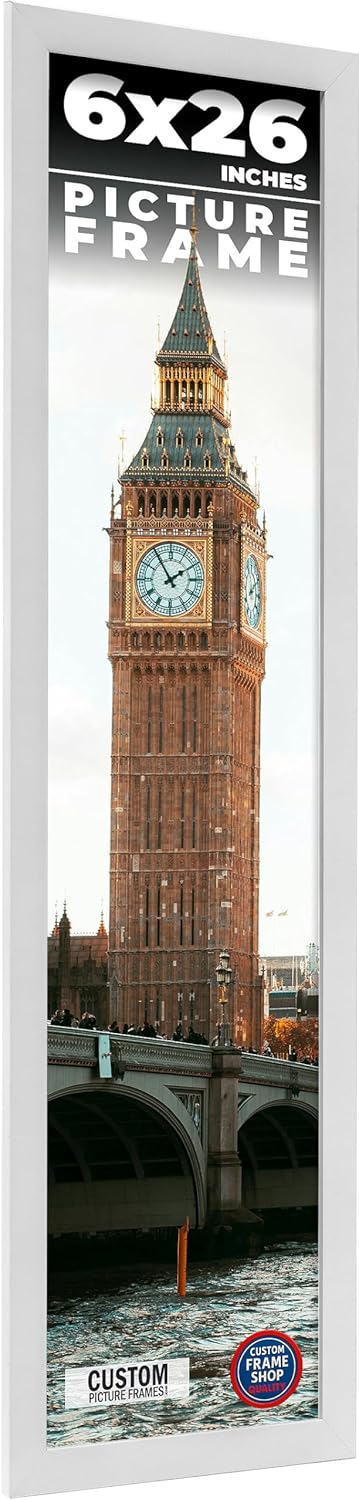 6x26 Frame White Real Wood Picture Frame Width 0.75 Inches | Interior Frame Depth 0.5 Inches | Bianca Mid Century Photo Frame Complete with UV Acrylic, Foam Board Backing & Hanging Hardware