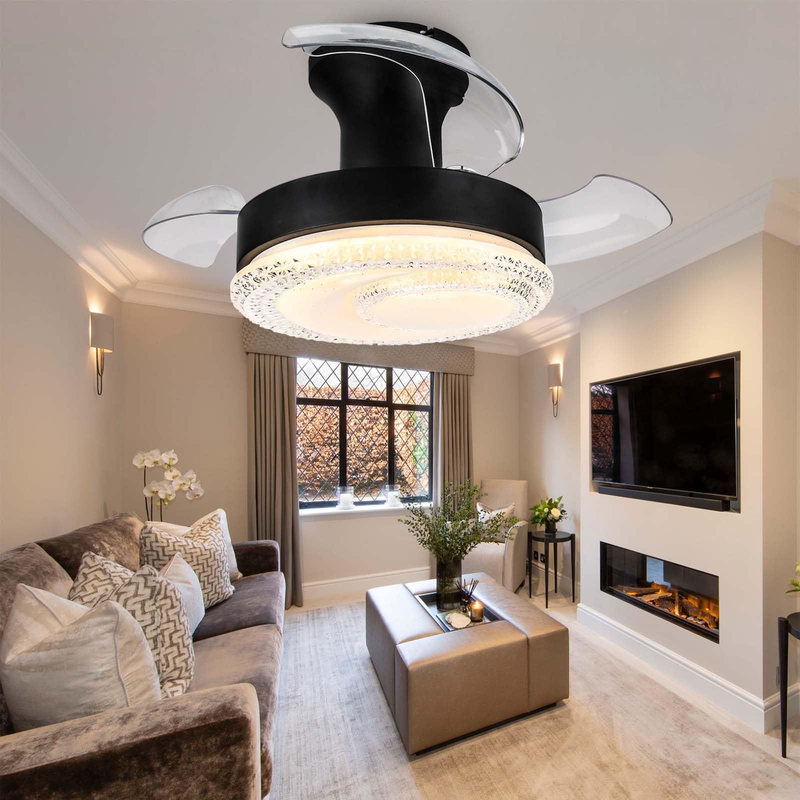 SXDMOUBK 52cm Ceiling Fan with Light 3 Retractable Blades Dimmable LED 6 Speed Reversible Quiet for Bedroom & Kitchen Black
