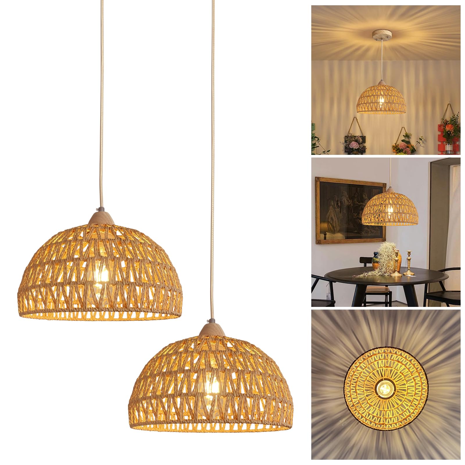 YNDD 2Piezas Lámpara Colgante Ratán, Boho Vintage Luz de Techo, Rústica E27 Retro Luces de Araña, Pantalla de Cuerda de Tejida a Mano Iluminación Comedor para Dormitorio Salón Pasillo Cocina Ø: 30cm