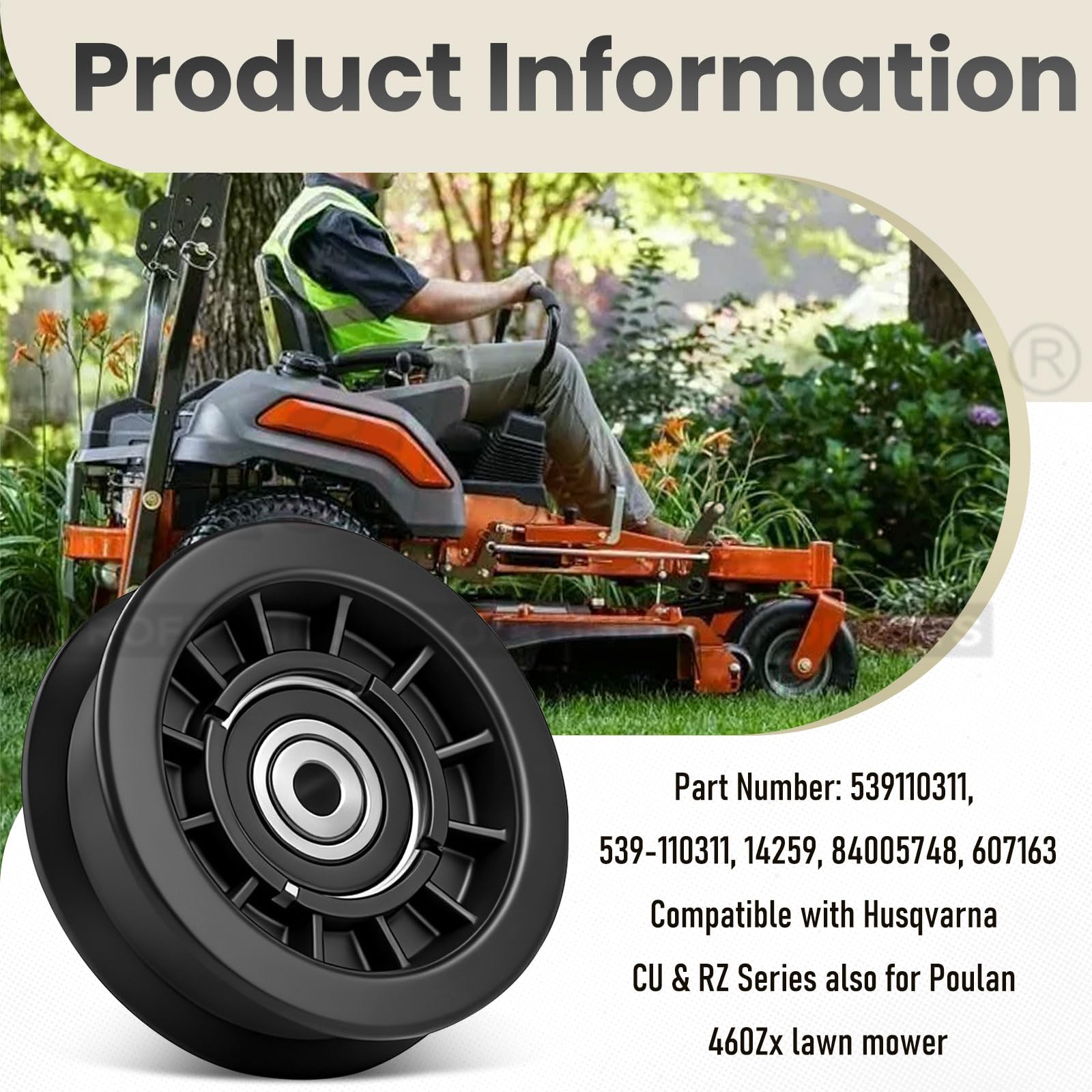 Karbay 539110311 - Polea tensora de repuesto para tractor de césped compatible con Husqvarna Craftsman Poulan cortacésped de giro cero 14259 84005748-3/8 pulgadas ID y 3-1/2 pulgadas OD (paquete de 1)