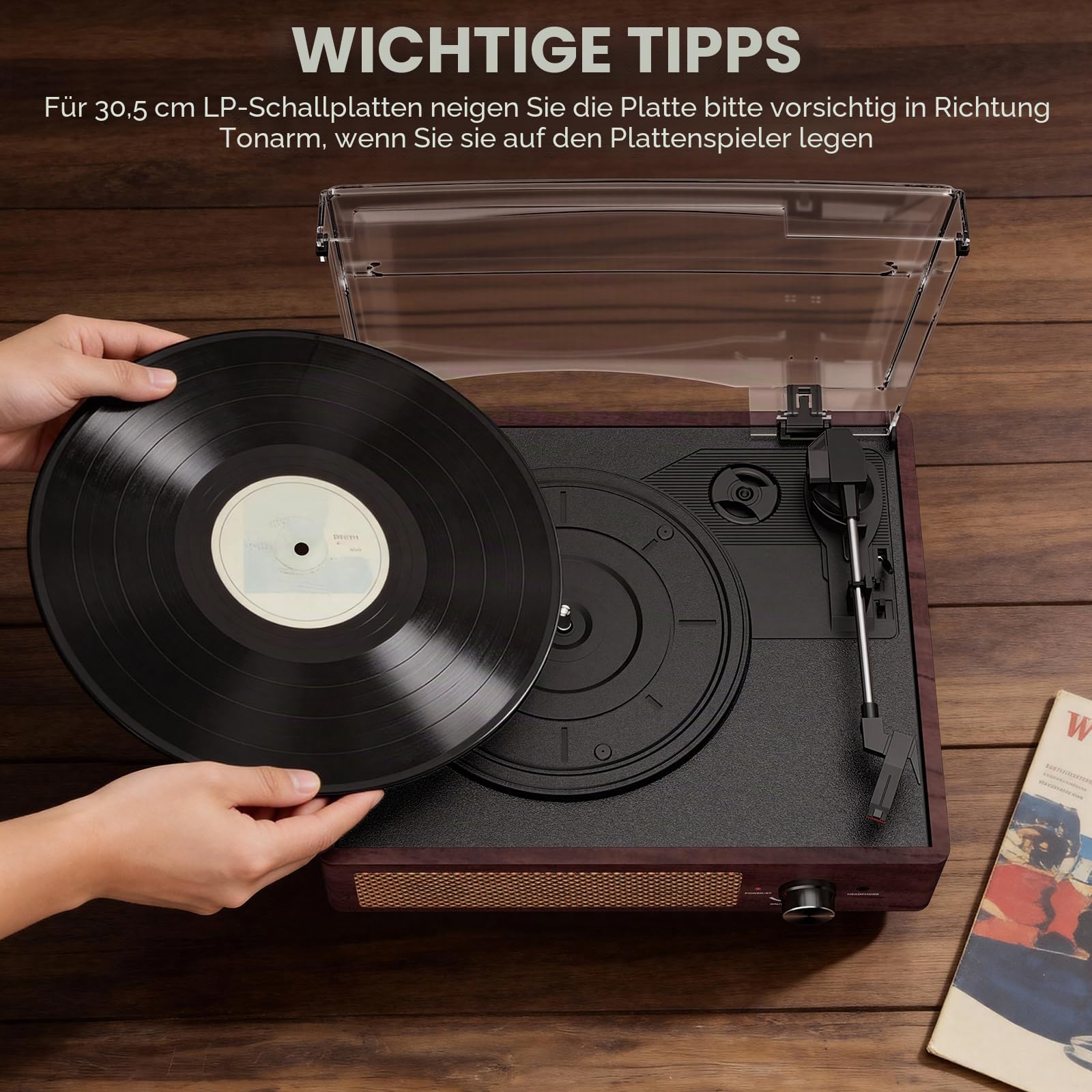 Vinyl Plattenspieler, Bluetooth tragbaren Vinyl Plattenspieler Schallplattenspieler mit 3-Gang 33/45/78 U/min und Eingebauter 2 Stereo Lautsprechern- natürliches Holz