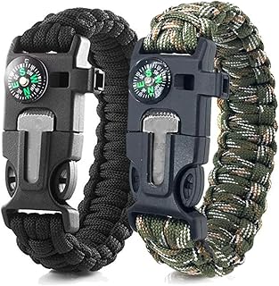 Bracelets de Survie en paracorde (Lot de 2) ，5 in 1 Allume-feu en Silex et Acier, sifflet, Boussole, Longueur de Bracelet réglable pour Camping, Survie en Pleine Nature