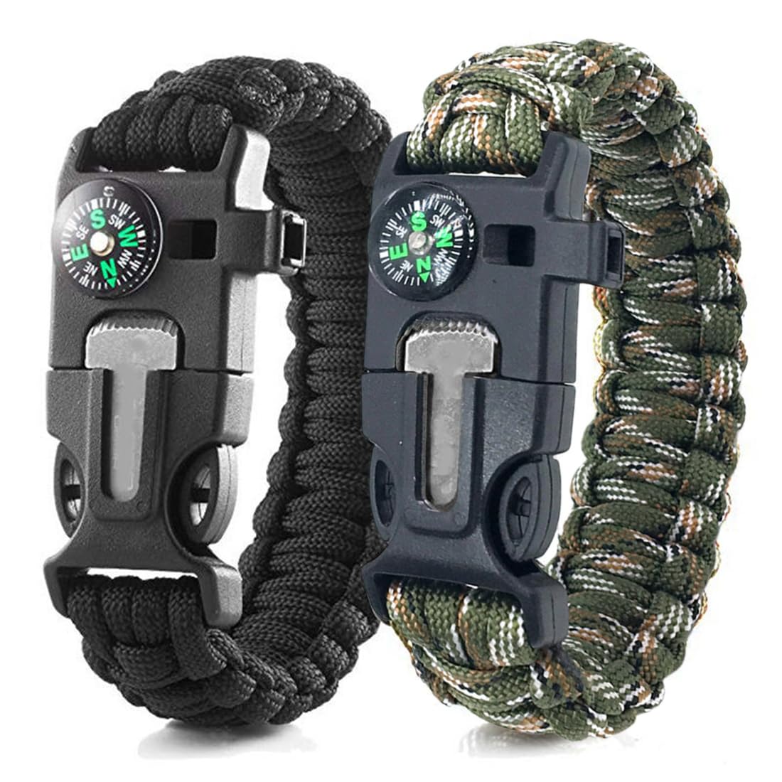 Paracord Braccialetto Set Contiene, Bracciale Sopravvivenza Regolabile, Kit Sopravvivenza con Flint + Bussola + Termometro, per attività all'aperto Escursionismo Campeggio di Emergenza, 2PCS