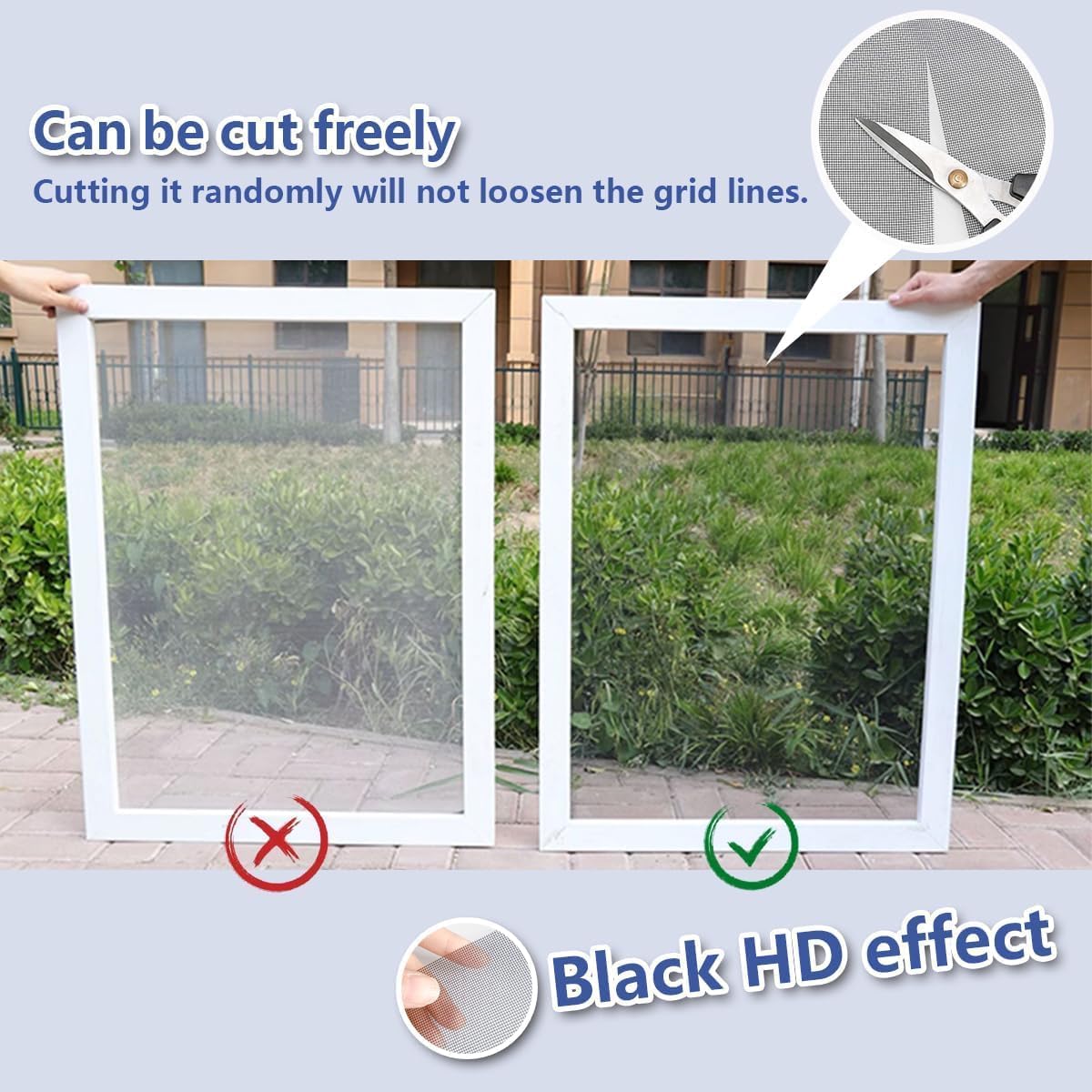 Window Screen with Upgraded Hook and Loop Adhesive Edging Frame Free Cutting DIY Max 20 feet Perimeter 47x73 to 42x78 inch Black Mesh Window Screens Replacement (Black)
