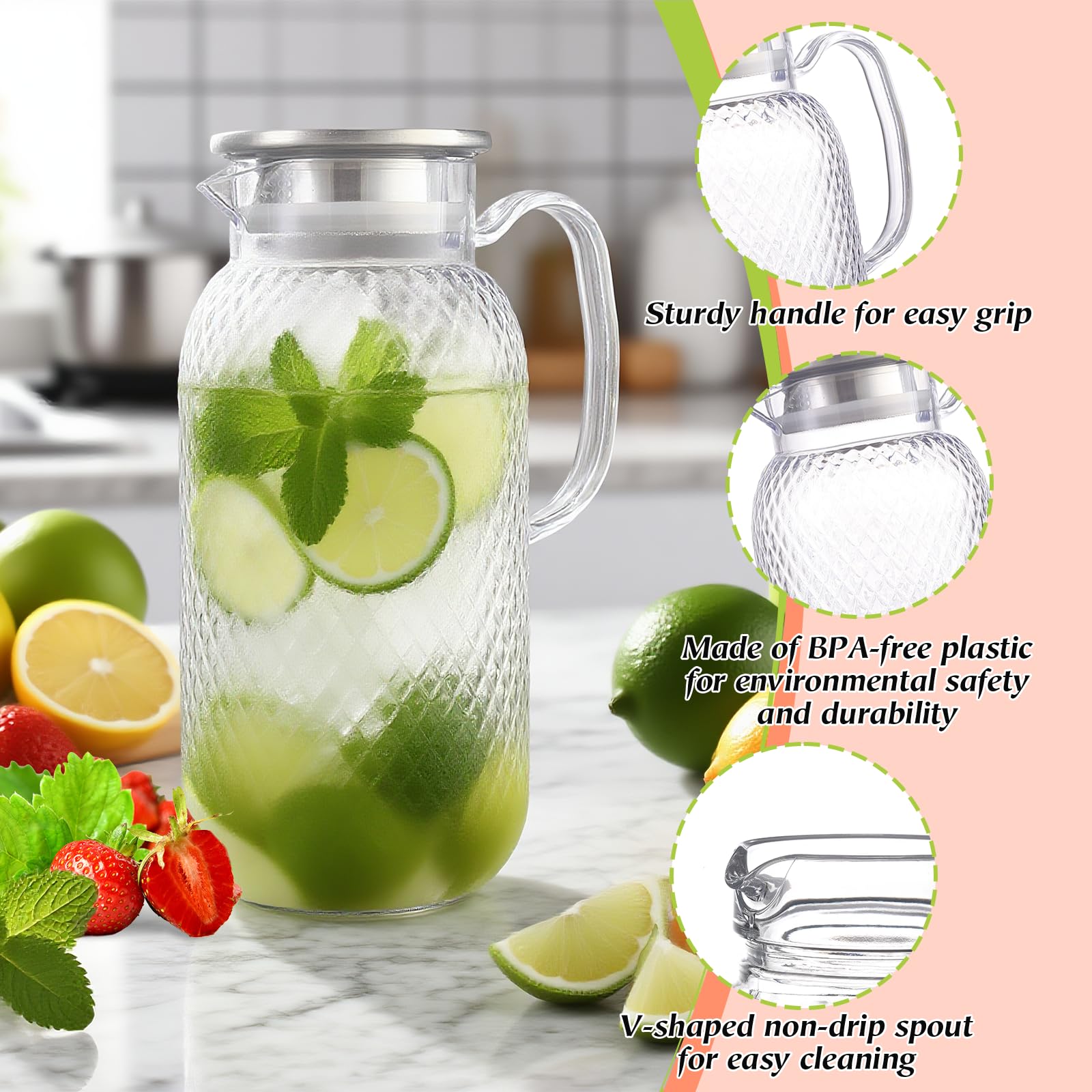 Confezione da 2 brocche in plastica da 2 litri con coperchio e manico, senza BPA, trasparente, non versano, per cocktail, succhi di frutta, acqua calda/fredda, tè, caffè, latte