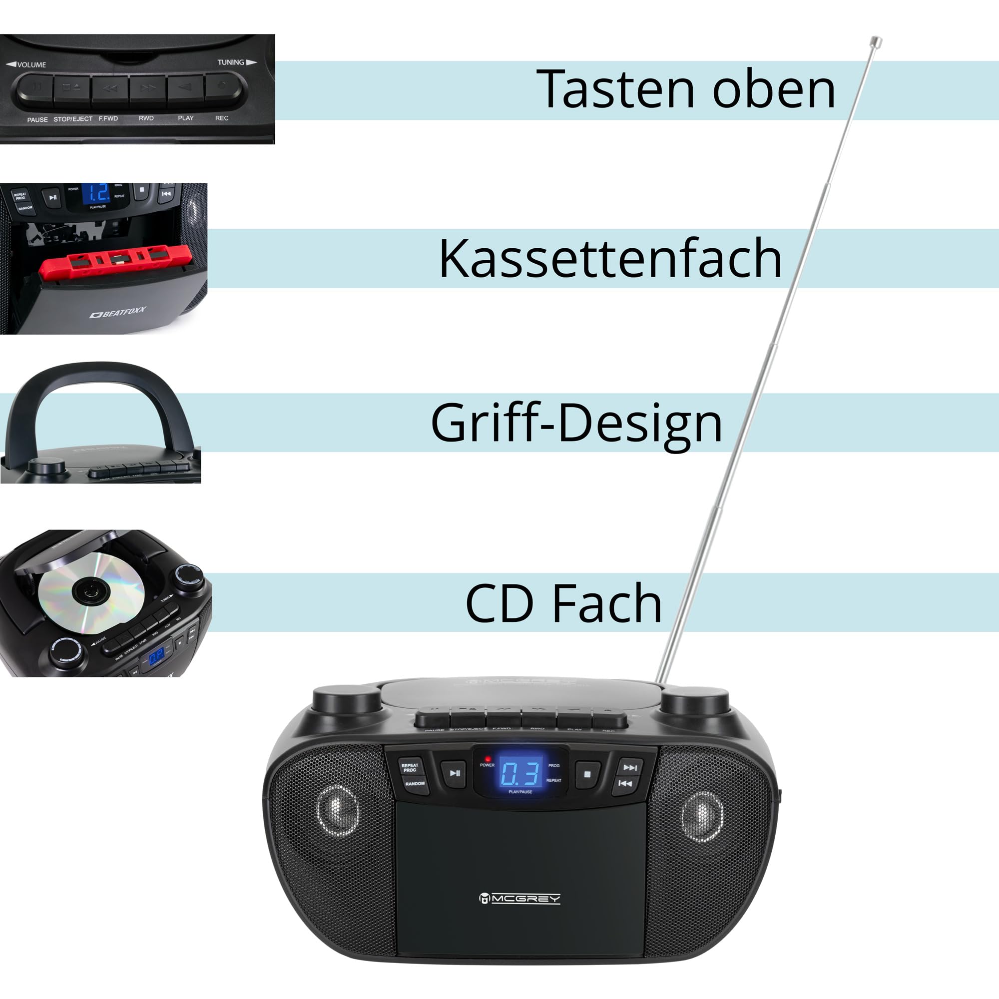 CDB-1016 BK Boombox casete-CD-rádio transportable - grabadora AUX-auriculares - funciona con cable o 6 pilas C