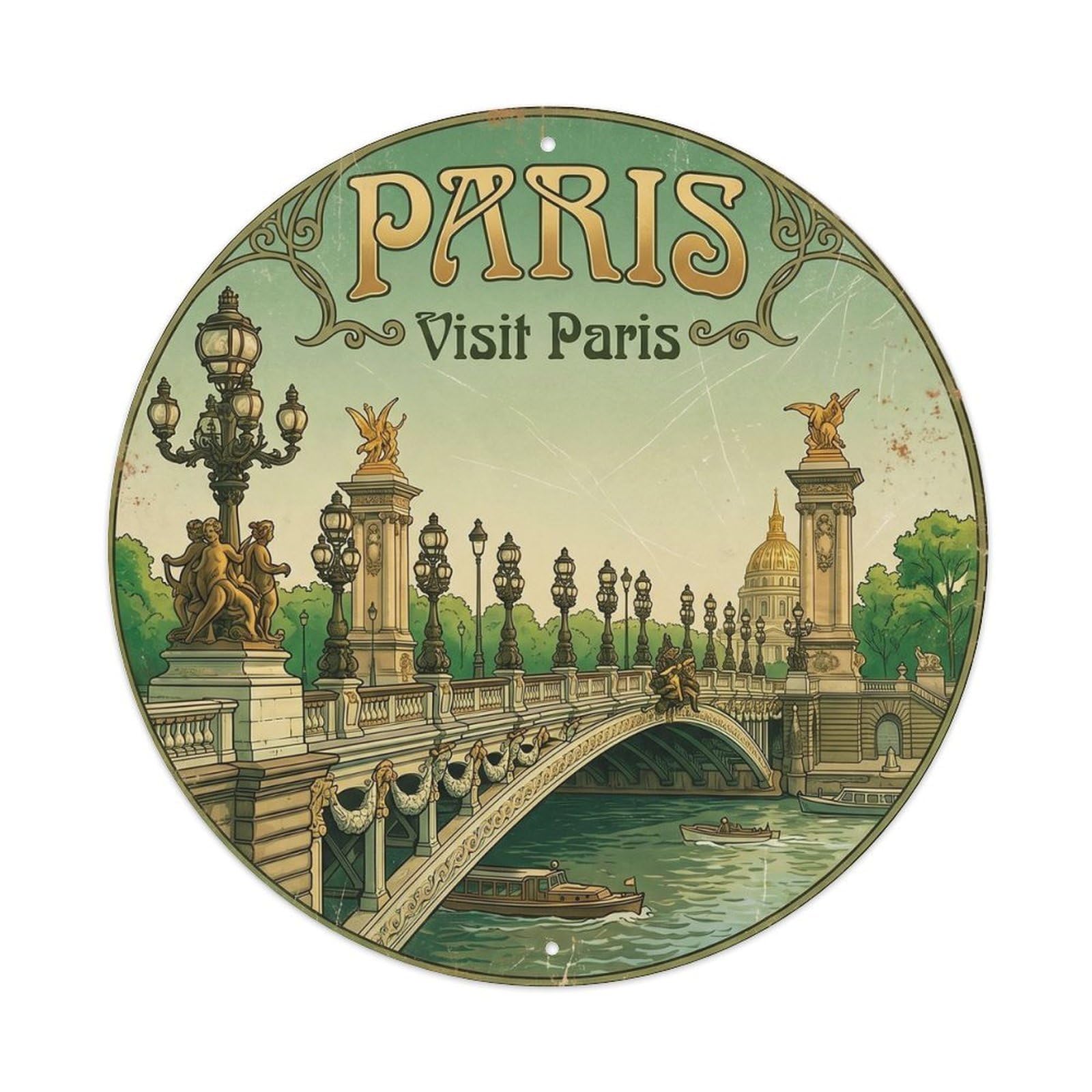 France Bridge Heritage Destination Scenic Landmark City Metal Tin Sign Plaque Wall Decor for Cafe, Man Cave, Club Bar, Office, Home Garden Round Metal Poster 8x8Inch