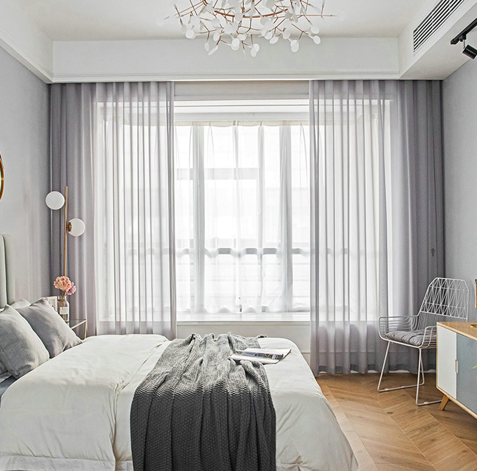 Rideaux Voilages, Gris Foncé, L 107 x H 147 cm x 2pcs, Couleur Unie, Rideau Filtrant à Oeillets Moderne, Fenêtre Salon Chambre Décoration