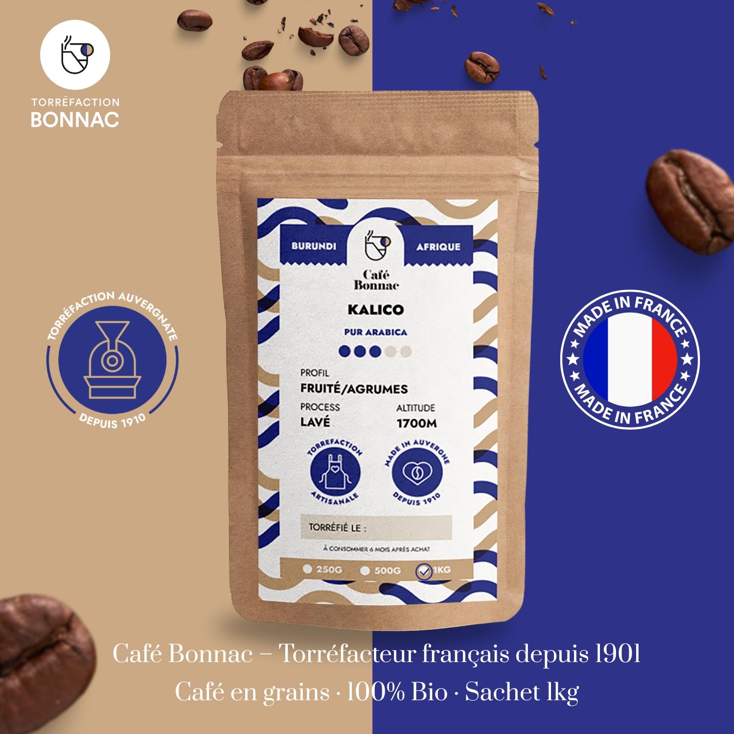 Café Bonnac – Café En Grain Burundi Kalico 1kg | 100% Arabica De Spécialité | Notes De Fruits Rouges Et Caramel | Torréfaction Artisanale Française | Idéal Machine À Grain | Frais