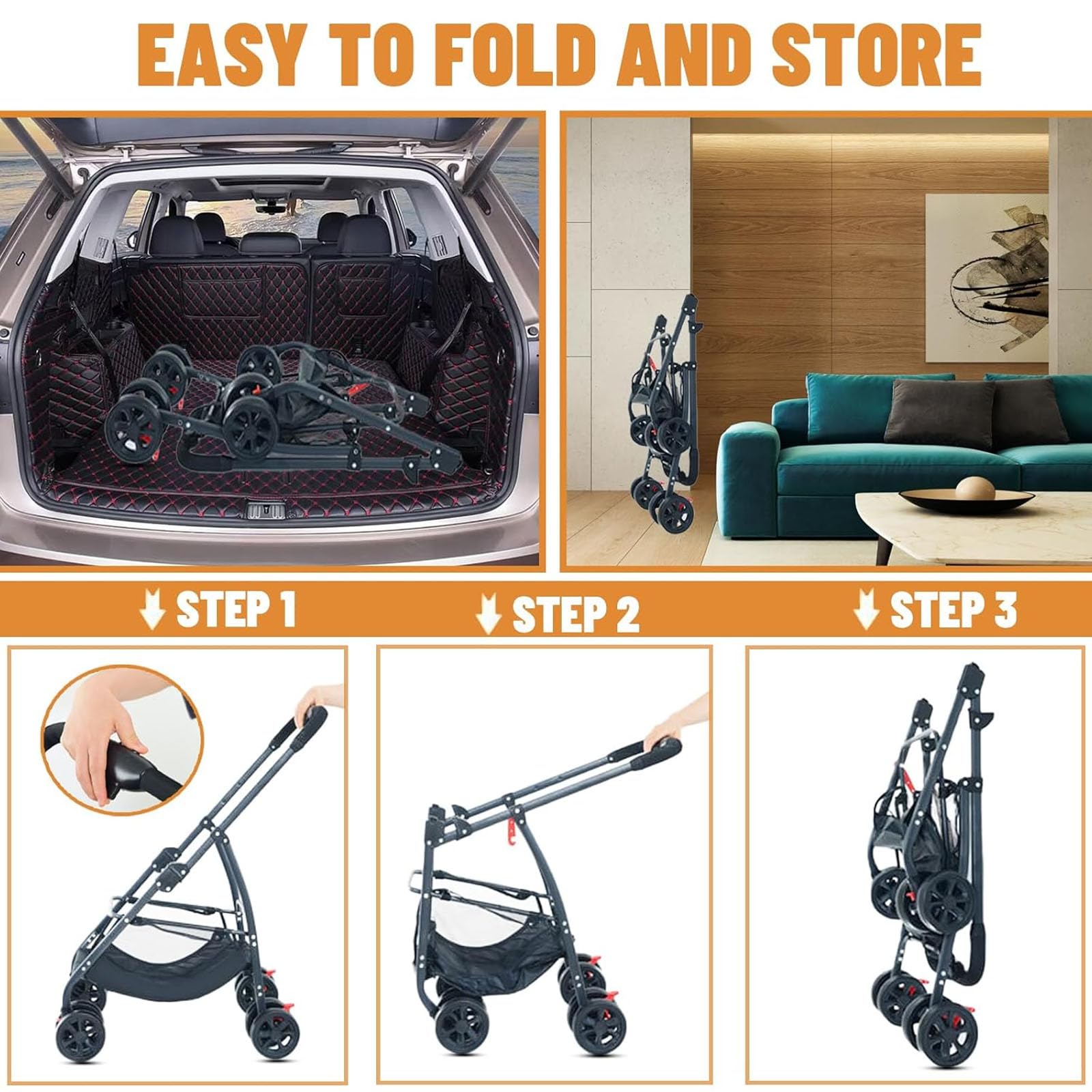 Passeggino per Cani E Gatti 3 in 1, Passeggino Pieghevole Leggero per Cani, Passeggino da Viaggio per Gatti, Trasportino da Viaggio per Cani, Passeggino da Jogging per Animali Domestici,A