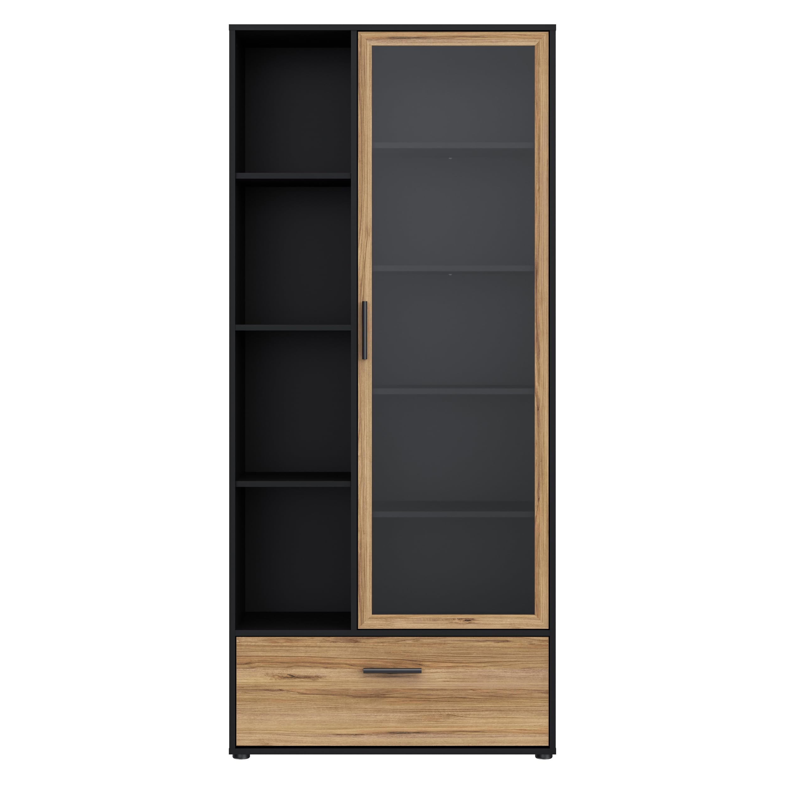Forte MOKKARO Vitrine R 85, Vitrinenschrank mit Glastür, Regalböden und Schublade, Holzwerkstoff, Mauvella Eiche Dekor/Schwarz, 84,7 cm breit, 190,5 cm hoch, 42 cm tief