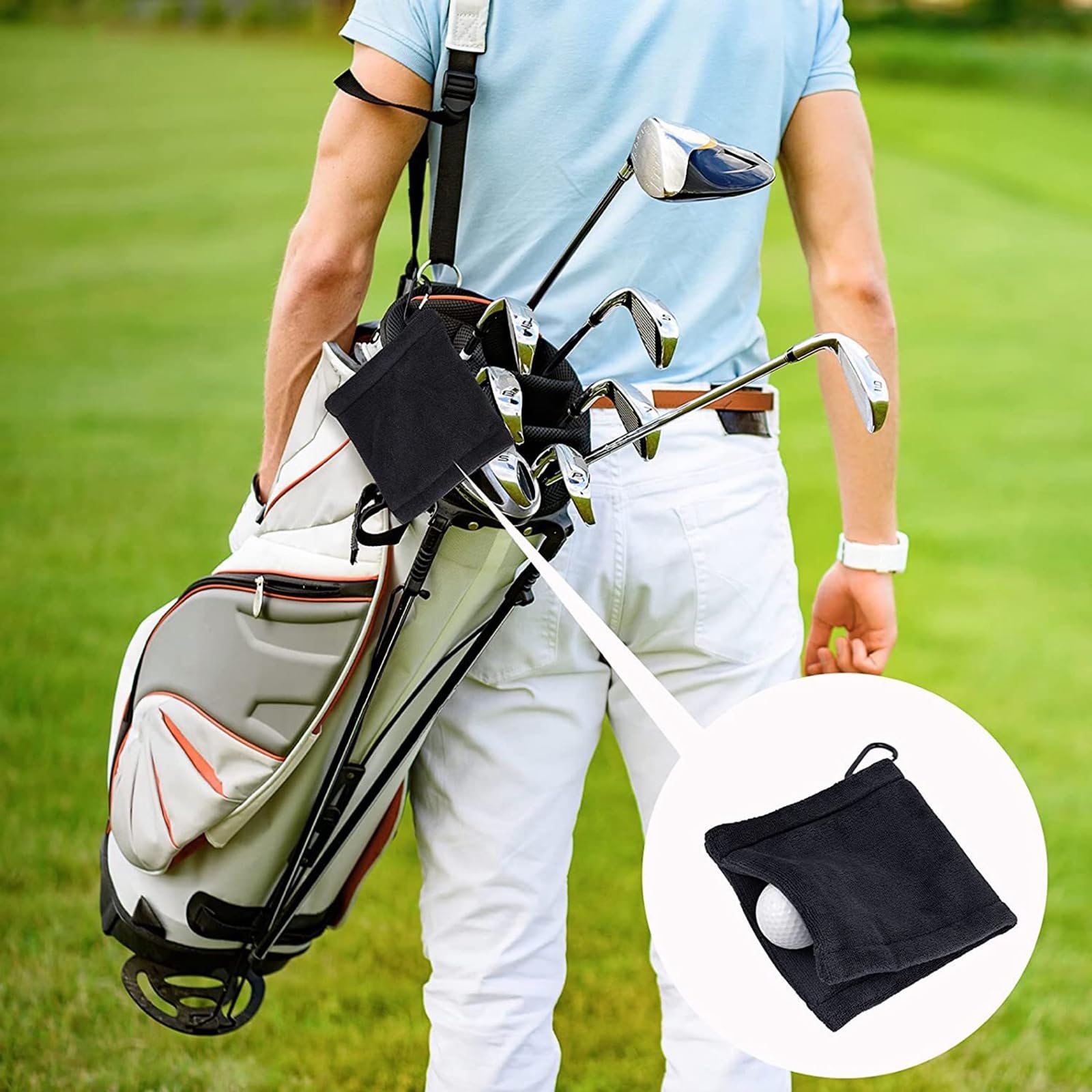 Eldtec Ręcznik do czyszczenia piłek golfowych, 2 szt. ręcznik golfowy z mikrofibry dla płazów na mokro i sucho z karabińczykiem, 14 x 14 cm, czarny i szary