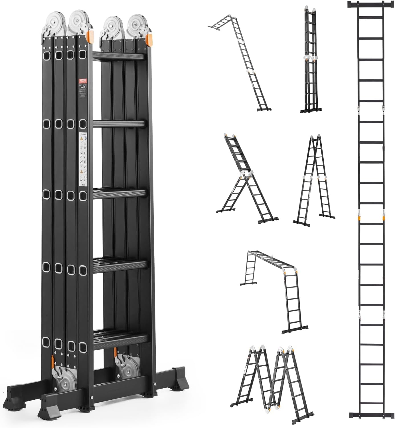 VEVOR Multi-Purpose Folding Ladder, 7-in-1 Tall Extension Step Ladder, A Frame 5 Step Telescoping Ladder, 19ft Reach Height Heavy Duty Adjustable Ladder, 330 lbs Capacity for Home Outdoor Black 5 Step