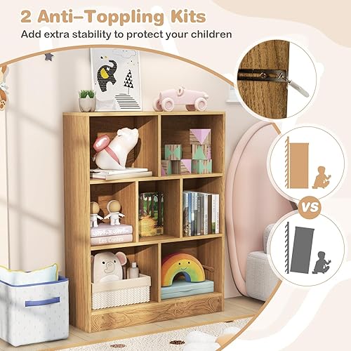 Miniatura 5 de HONEY JOY Organizador de almacenamiento de juguetes para niños, gabinete de almacenamiento de madera de 7 secciones, baúl de juguetes de guardería
