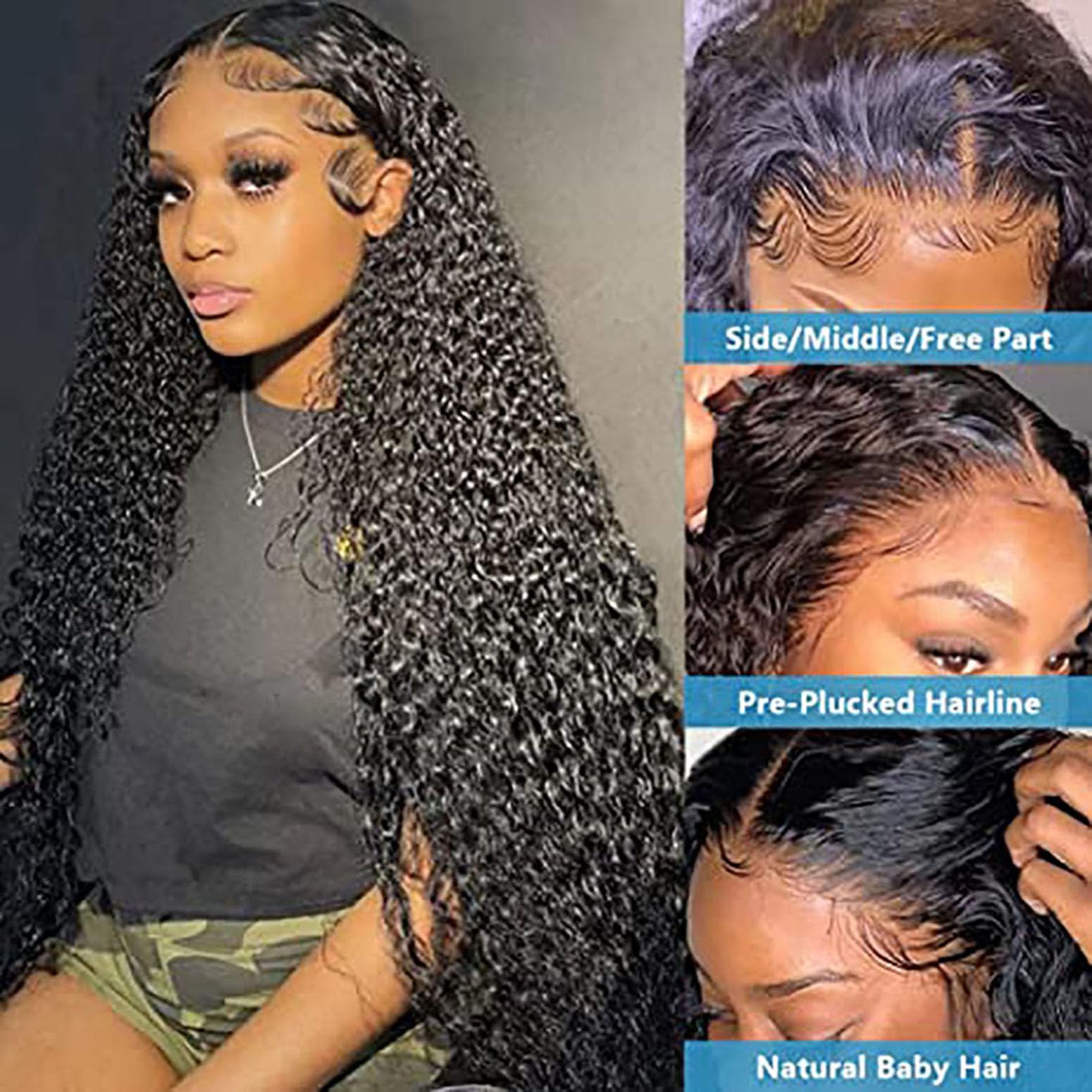 Parrucca Donna Capelli Veri Umani Curly Wave 4X4 Human Hair Wig Free Part Glueless 150% Density Black #1B Real Unprocessed Hair Parrucche 24 Inch