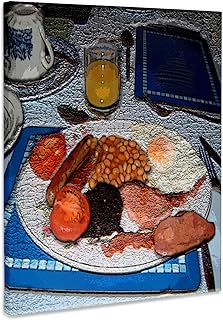 3dRose, Traditional English Breakfast of Juice, Beans, Blood Pudding,Fried Eggs,Sausage and Tomatos Textured, Museum Grade Canvas Wrap 16x20