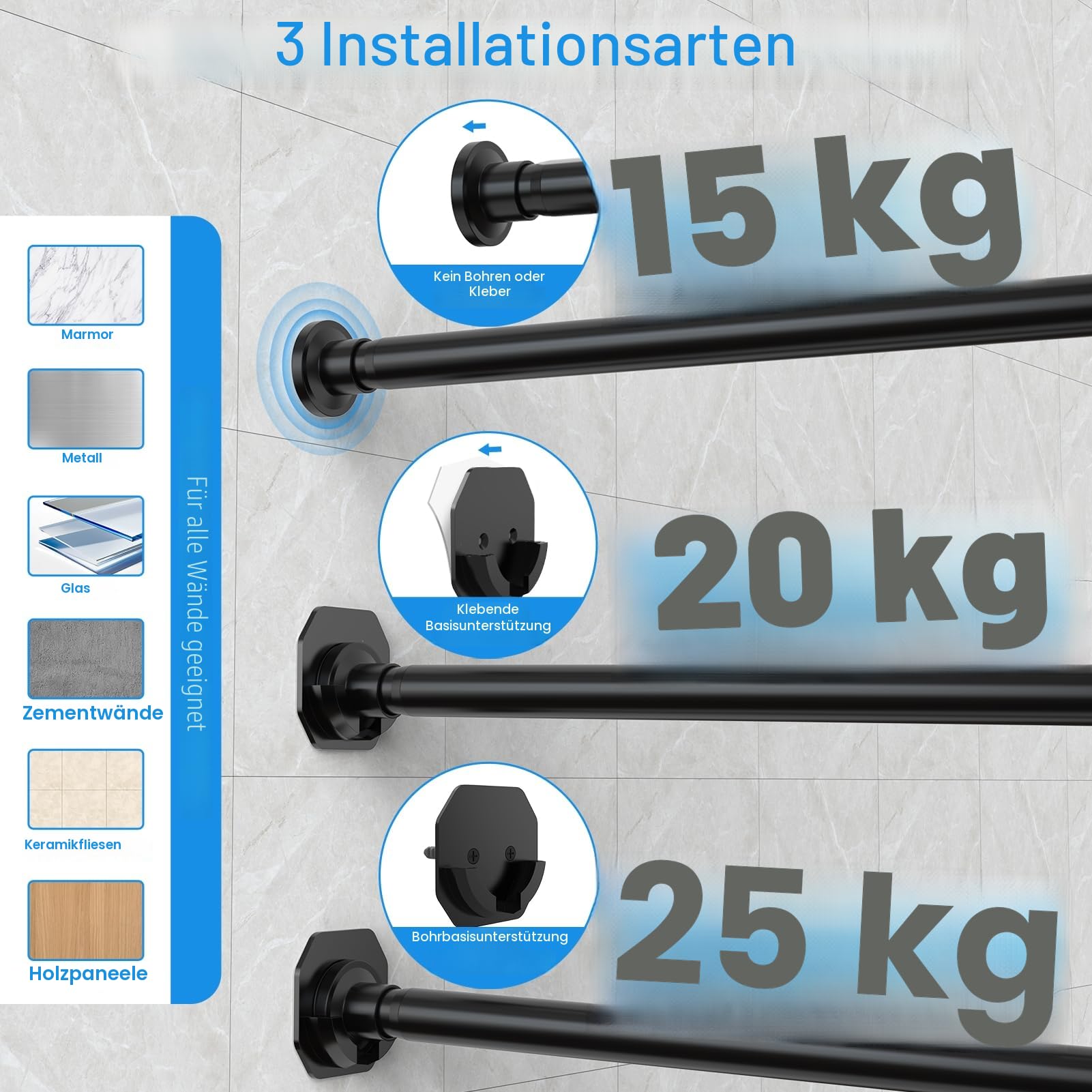 WELDUN Gardinenstange ohne Bohren 98-150cm Vorhangstange ohne Bohren Φ32mm Duschvorhangstange inkl 2 Wandsockel Teleskopstange Klemmstange für Badezimmer und Fenster Kleiderstange Schrank Schwarz