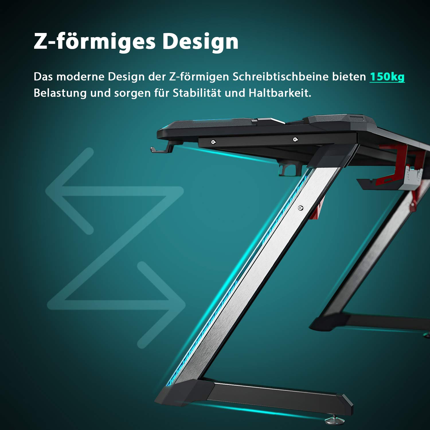 SONNI Gaming Tisch 140cm, Gaming Schreibtisch mit LED, Gaming Desk, Z-förmiger Stabiler Bein, mit Getränkehalter und Kopfhörerhalter, 140x60x75cm Schwarz