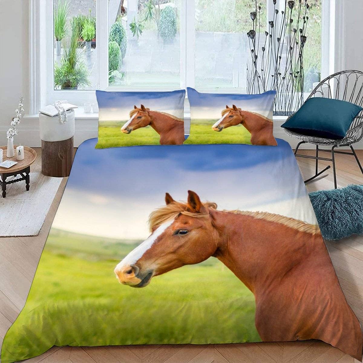 RFFLUX 3D Horse Double Bedding Duvet Cover Set 3 Pieces 200x200 Ultra Soft Microfiber Animal Horse Comforter Cover with Zipper Easy Care Quilt Cover with 2 Pillowcase for Room Decor