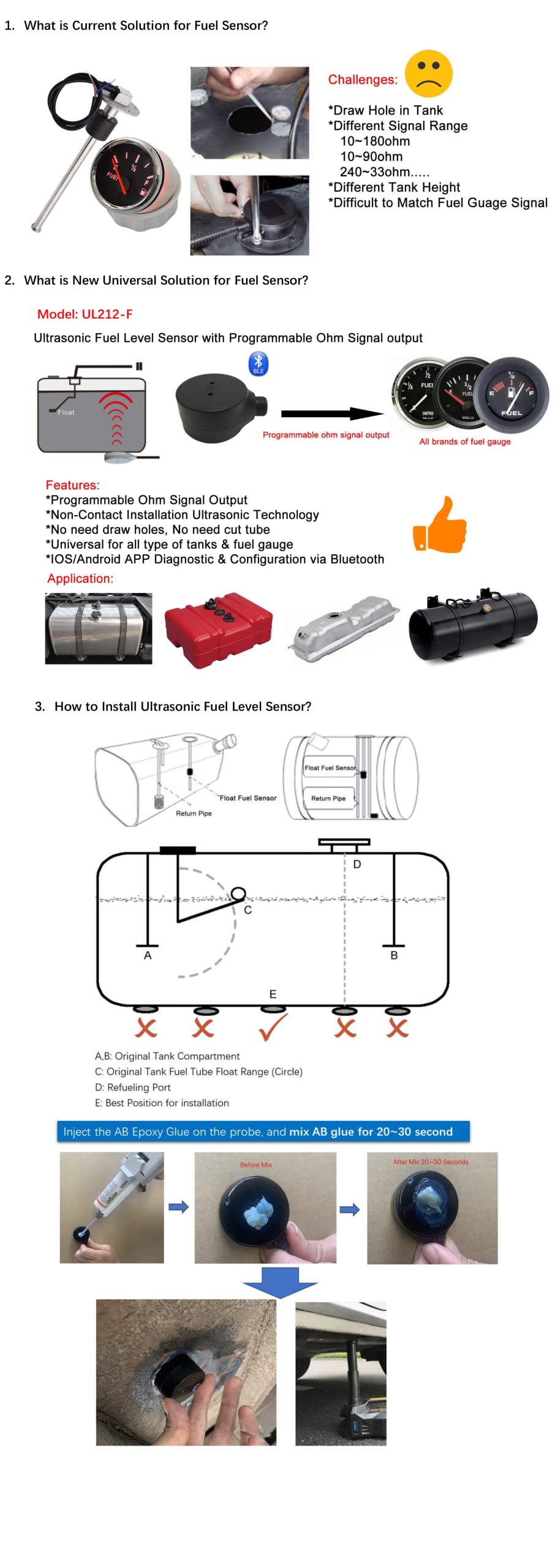 ELING Sensor de nivel de combustible ultrasónico Sistema de monitoreo de combustible sin contacto Medidor de ohmios para motor de camión de automóvil Detección de nivel diesel