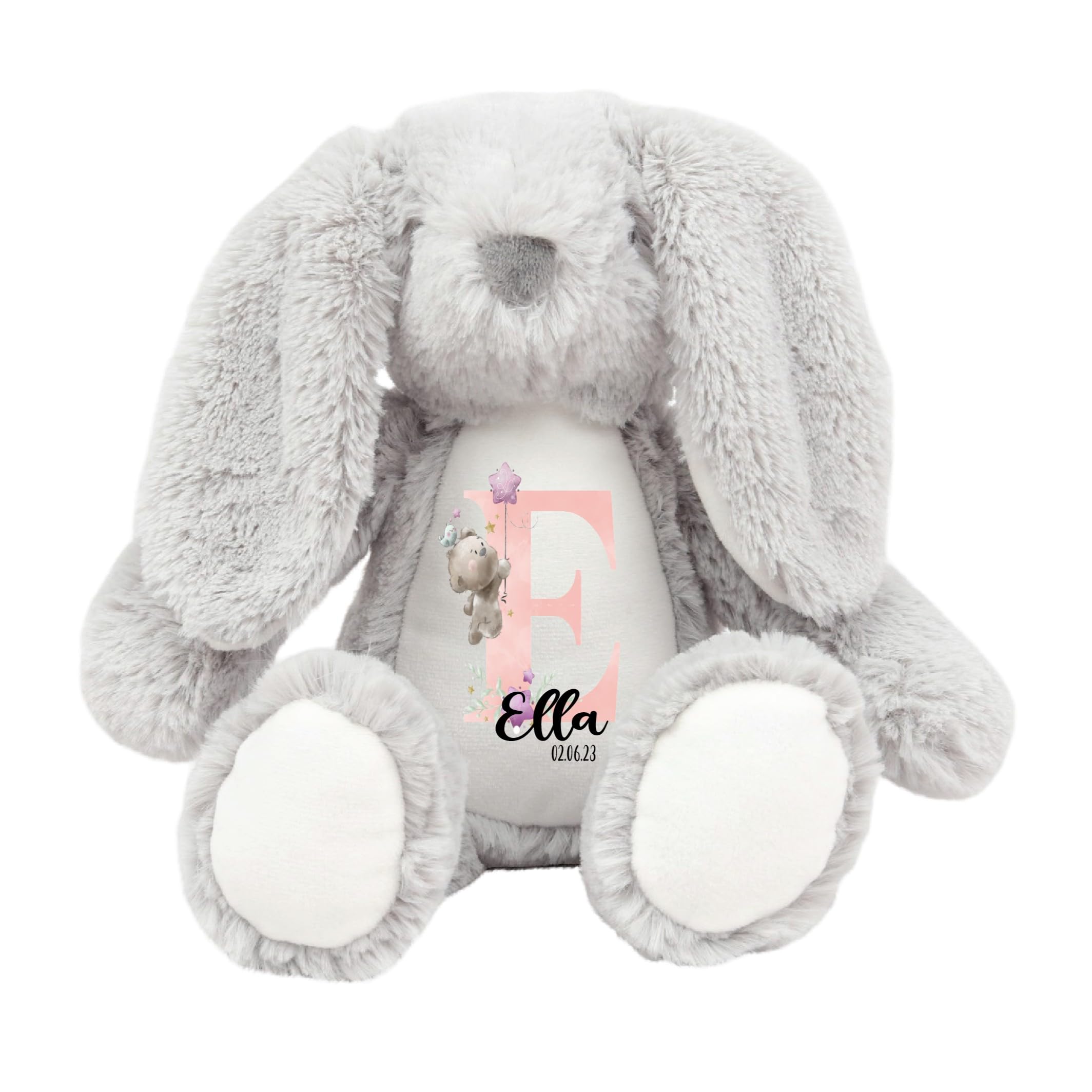 Crafted Memories - Personalised Teddy | Velveteen Bunny Soft Toy | Customisable Name for Newborns | Keepsake for Boys & Girls | Baby Shower Item | Pink Initial | Grey or White, 20-23cm โ image 1