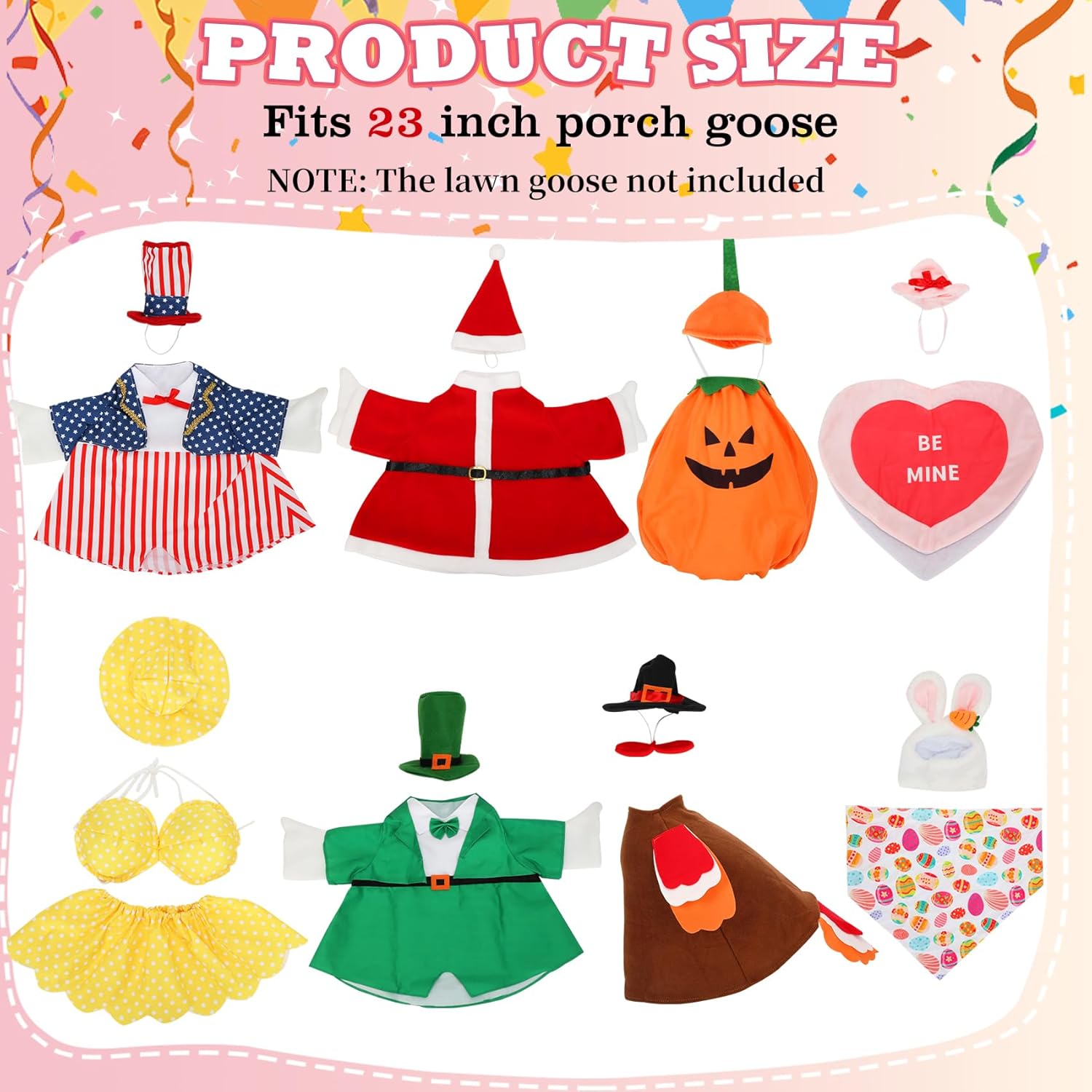 8 Set Holiday Porch Goose Outfits, 23 inch All Seasons Bundle for Valentine, St. Patrick's Day, Easter, Summer, 4th of July, Fall, Halloween, Christmas Decor, Lawn & Indoor Outdoor, Goose Not Included