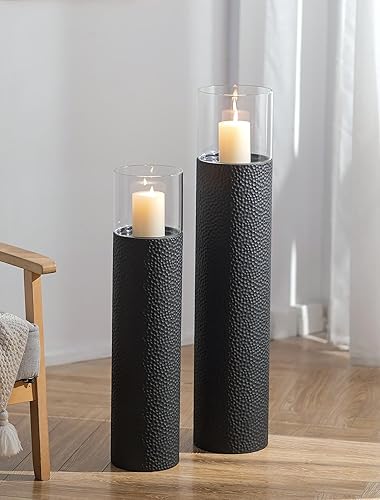 Sziqiqi Tall Floor Candle Holders: 34/27 inch Hurricane Pillar Candleholders Set of 2 for Home Decor - Large Black Cylinder Candle Stand for Outdoor