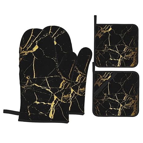 Black Gold Marble High Heat Resistant Oven Mitts with Oven Gloves and Hot Pads Potholders for Kitchen Baking Cooking Grilling 4 Piece Non-Slip Cooking Mitts