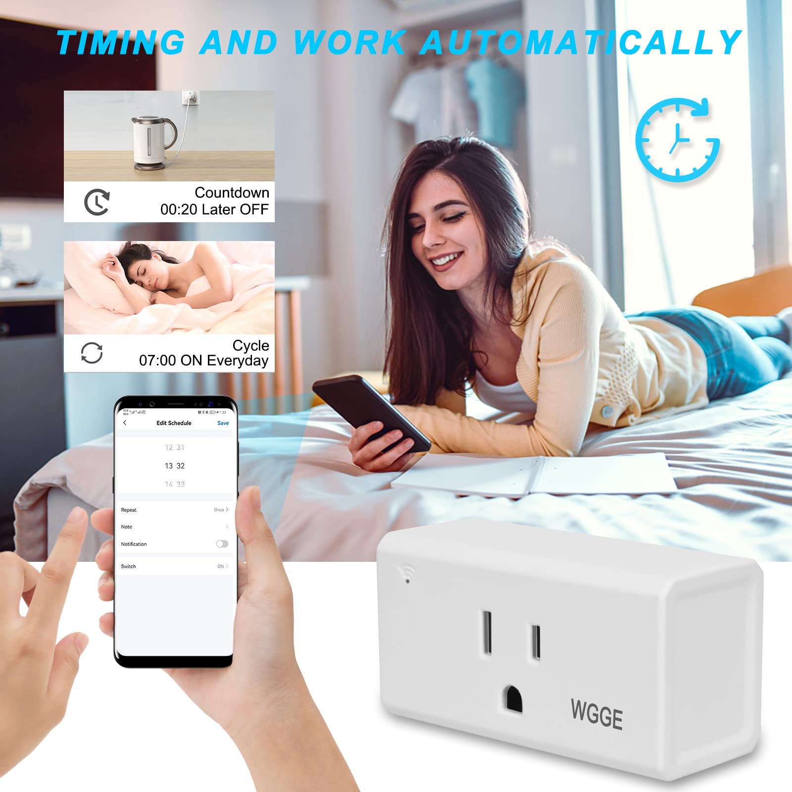 WGGE WiFi Smart Plug Outlet APP Remote Control Anywhere Timer Function Compatible with Alexa or Google Assistant No — view 3