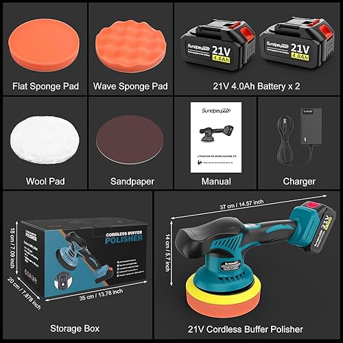 Miniatura 7 de Pulidora inalámbrica de 21 V para automóvil, pulidora de automóvil SundpeyPRO de 6 pulgadas con 2 baterías de 4.0 Ah y 8 velocidades variables,