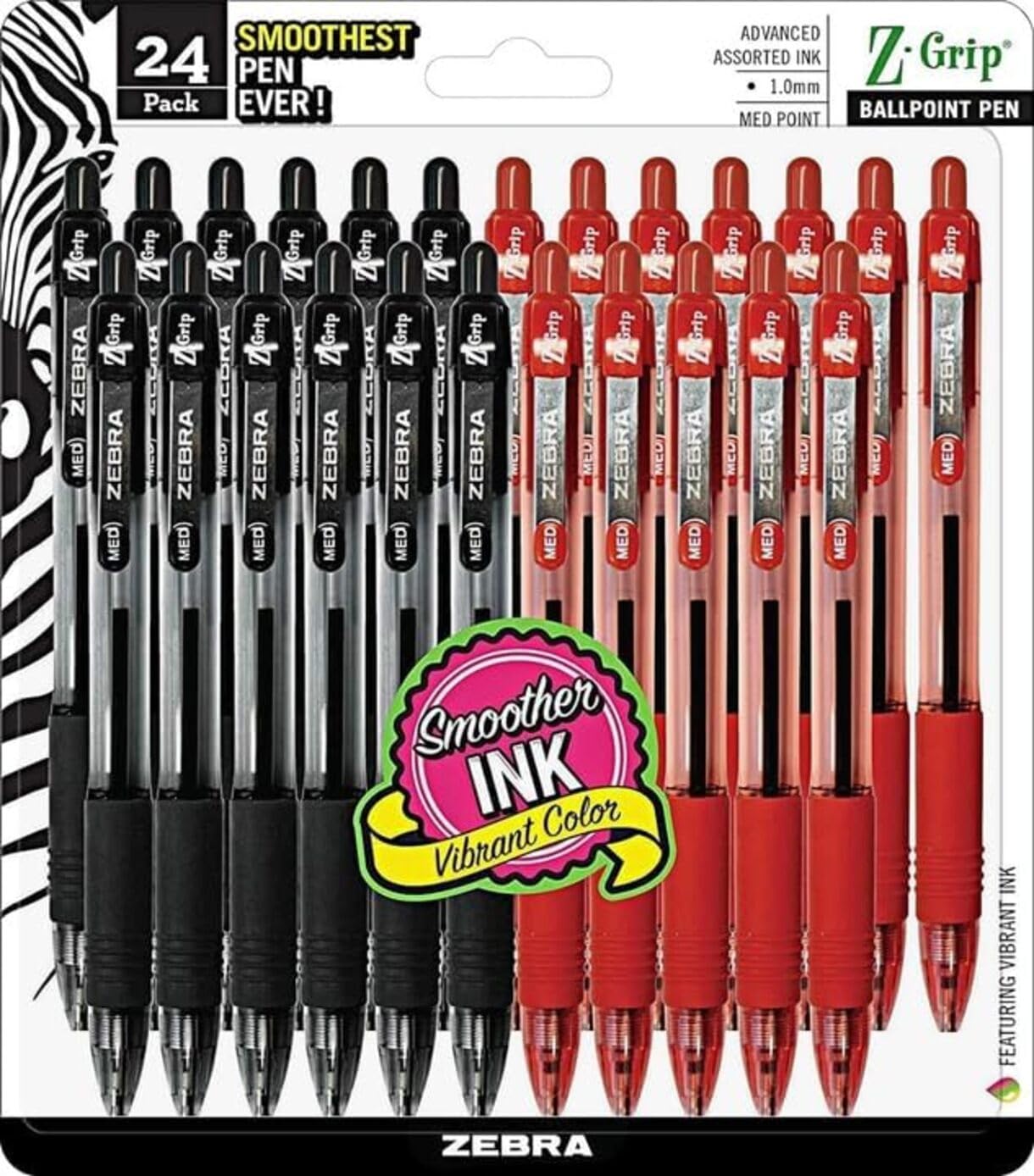 Zebra Pen, Bulk Pack of 24 Ink Pens, Z-Grip Retractable Ballpoint Pens Medium Point 1.0 mm, 12 Black Pens & 12 Red Pens Combo Pack