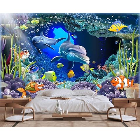Wmjurel Seabed Flora and Fauna Patterns, Dolphins and sea Fish Free Swimming Wallpaper, Large Art Wall murals (Non-self-Adhesive) Cover