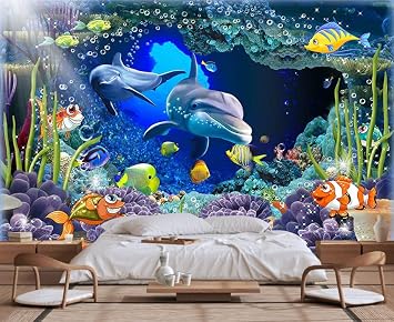 Seabed Flora and Fauna Patterns, Dolphins and sea Fish Free Swimming Wallpaper, Large Art Wall murals Non-self-Adhesive