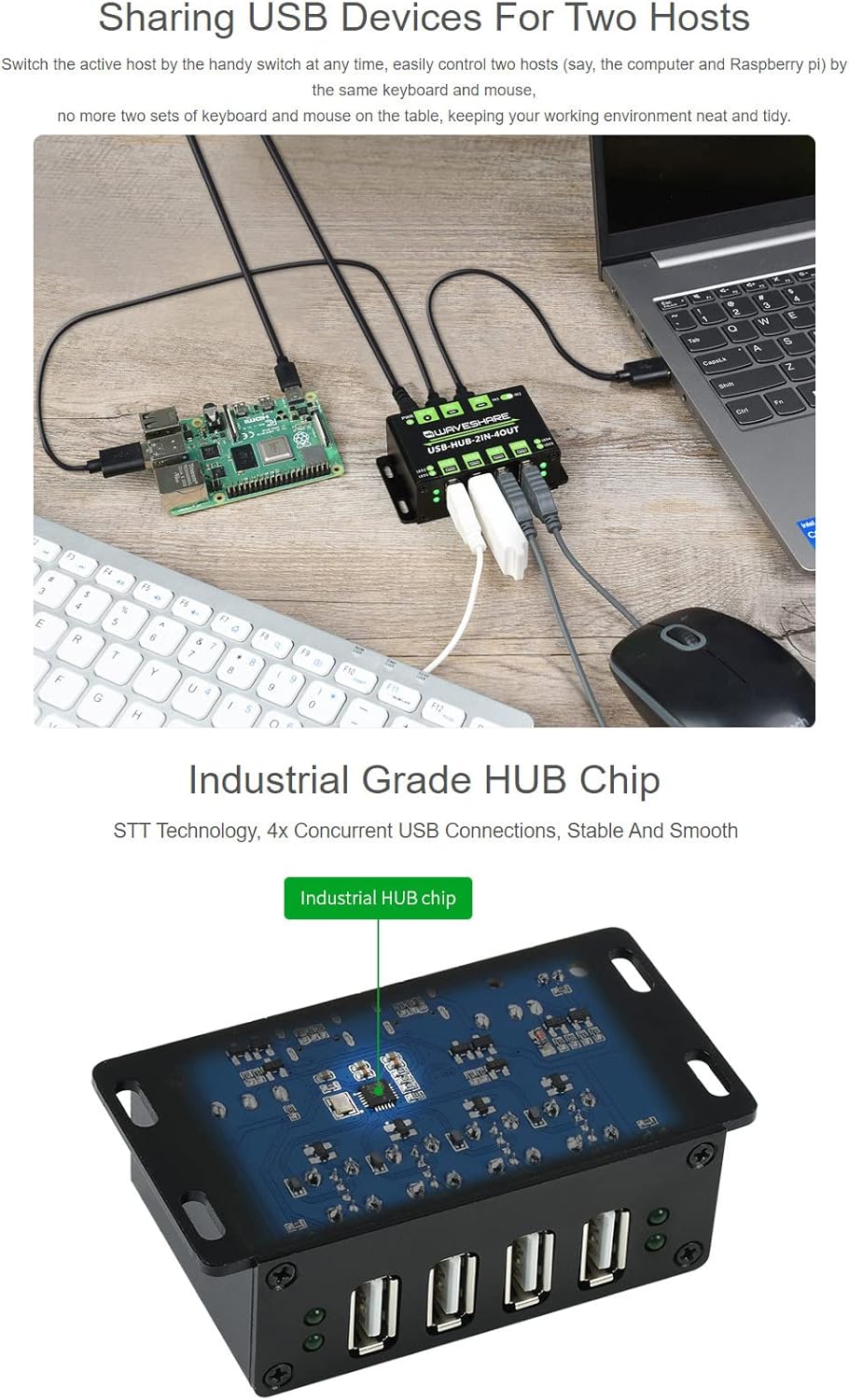 Waveshare Industrial Grade USB HUB Extending 4X USB 2.0 Ports Switchable Dual Hosts Sharing USB Devices for Two Hosts Without Power Supply