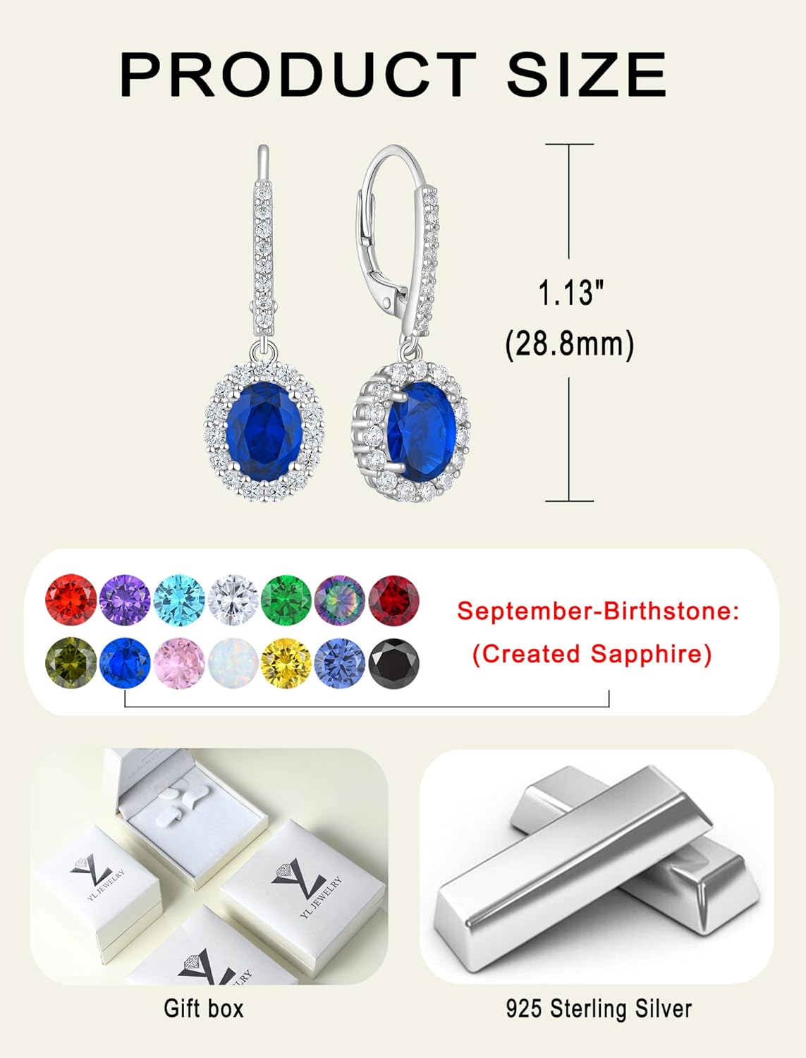 YL 925 Sterling Silver Halo Solitaire Dangle Drop Earrings Oval Cut Birthstone Leverback Earrings Jewelry for Women