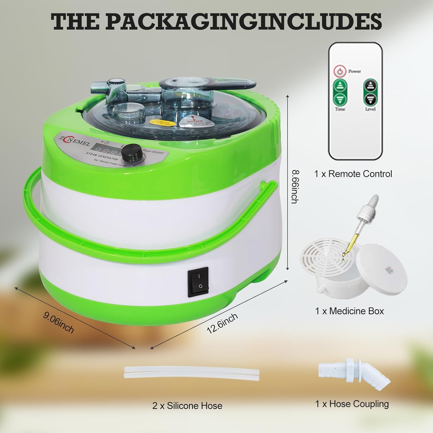 ZONEMEL 4 Liters Sauna Steamer, Portable Steam Generator with Remote Control, Stainless Steel Pot, Spa Machine with Timer Display for Body Detox (US Plug, Green)