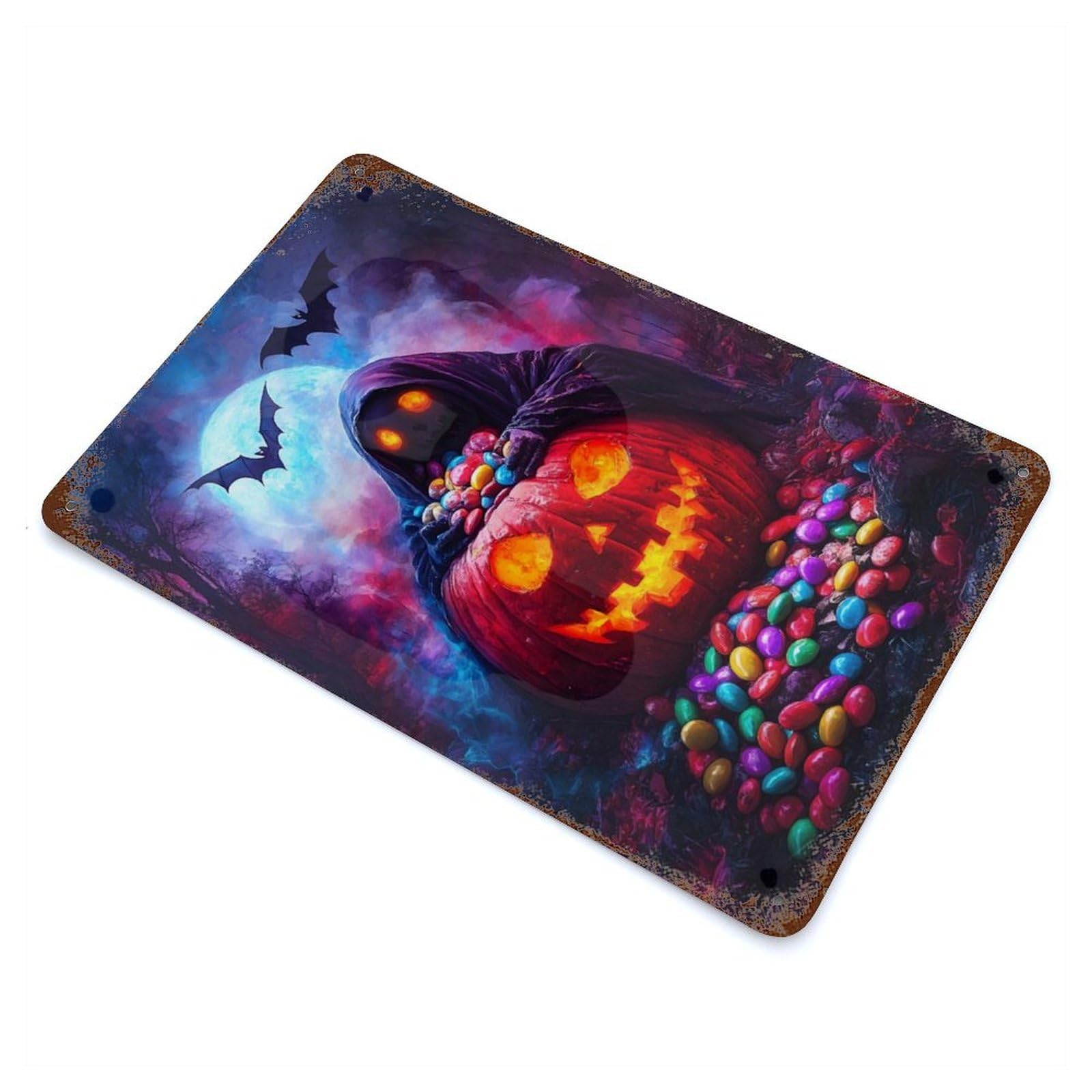 Halloween Pumpkin & Grim Reaper 11.8"x7.9" Rust Effect Tin Sign, Industrial Home Decor for Living Room, Hallway And Home Decor