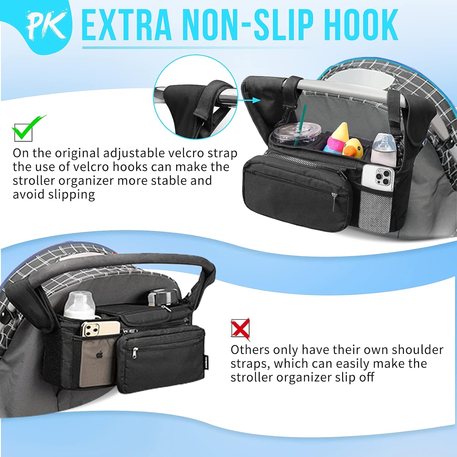 Baby Stroller Organizer with 2 Insulated Cup Holder Detachable Zippered Pocket & Adjustable Shoulder Strap, Universal Stroller Accessories Fits For All Baby Strollers : Baby