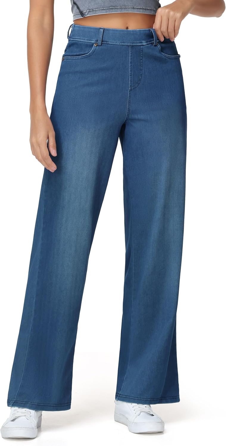 THE GYM PEOPLE Women's Wide Leg Pull on Jeans Stretchy Baggy Trendy Casual Straight Denim Pants with Pockets