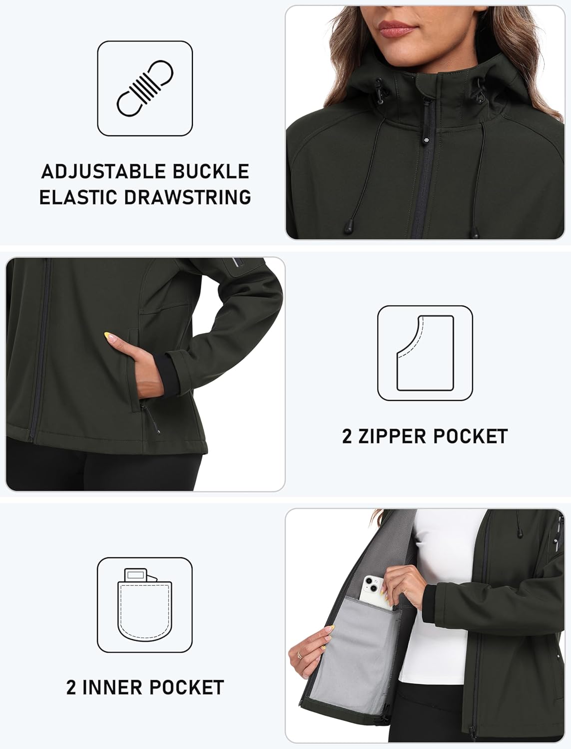 MoFiz Women's Fleece Lined Softshell Jacket Hooded Windproof Lightweight Insulated Jacket Full Zip Warm Coat - Image 4