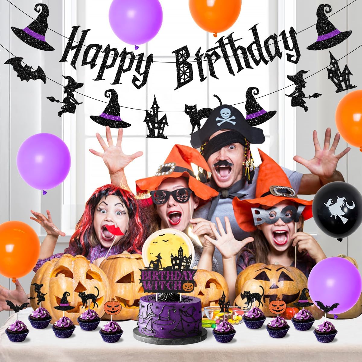 Witch Birthday Party Decorations with Happy Birthday Banner Halloween Theme Cake Topper Cupcake Picks Birthday Witch Garland for Girls Horror Happy Birthday Supplies