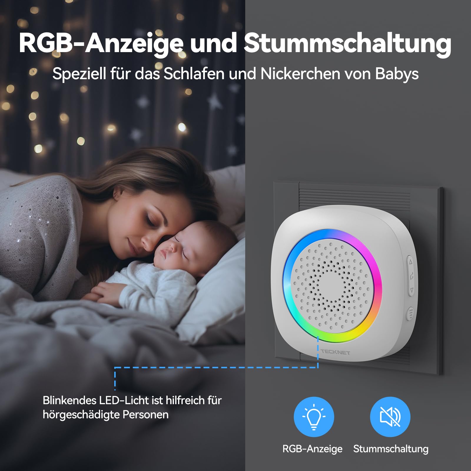 TECKNET Tür Fenster Sensor Klingel, Tür Fensteralarm Funkklingel mit 300M Reichweite, 61 Klingeltönen und RGB Licht, Türsensor Alarmklingel für Häuser, Geschäft und Büro, weiß