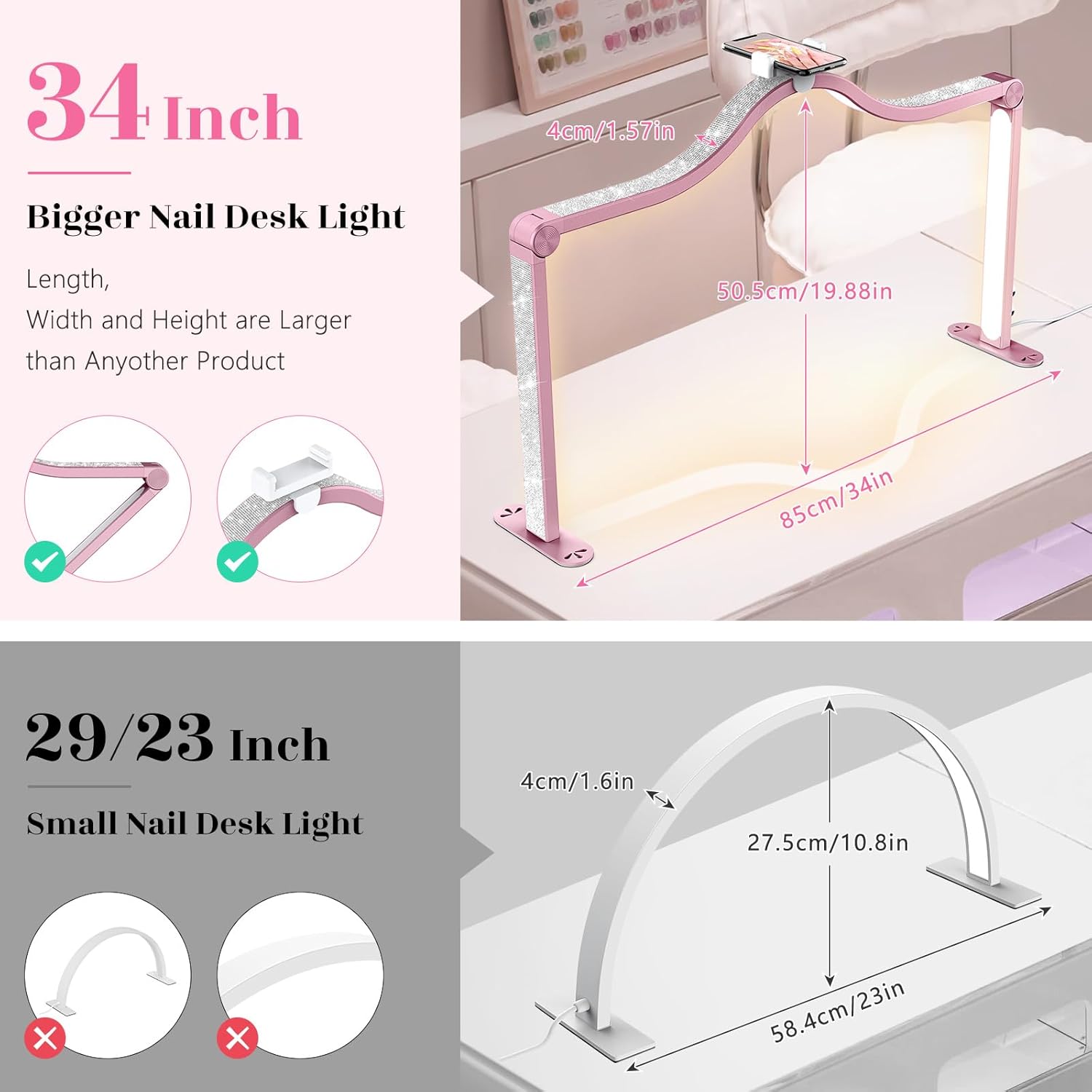 Yokilly Arc Half Moon Light: 34" Shadow-Free Half Moon Light for Desk Salon - Foldable LED Desk Lamp with Stepless Brightness for Manicurist (Rose Pink)