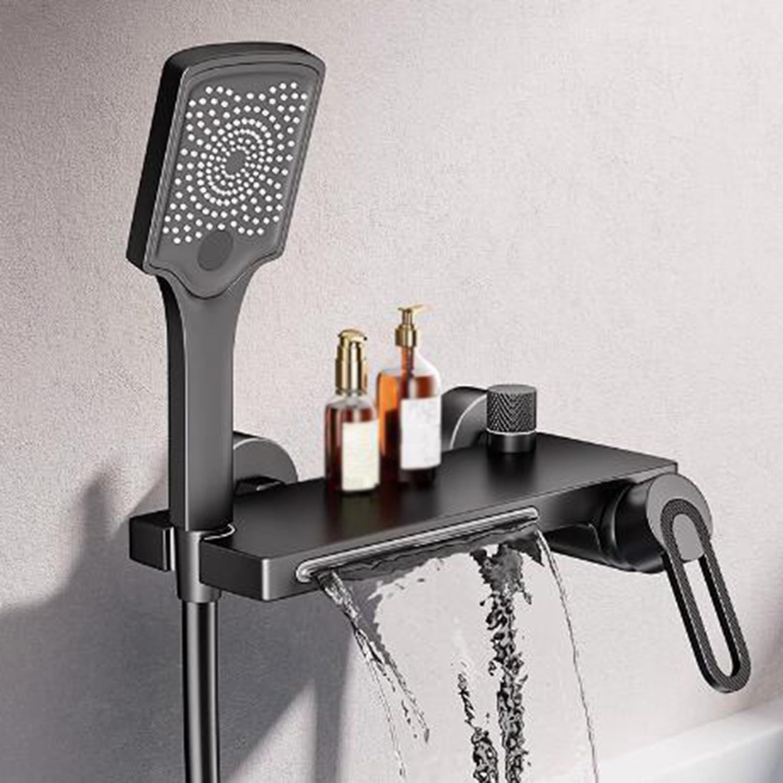 Robinet de baignoire cascade noir avec douchette en laiton - 7