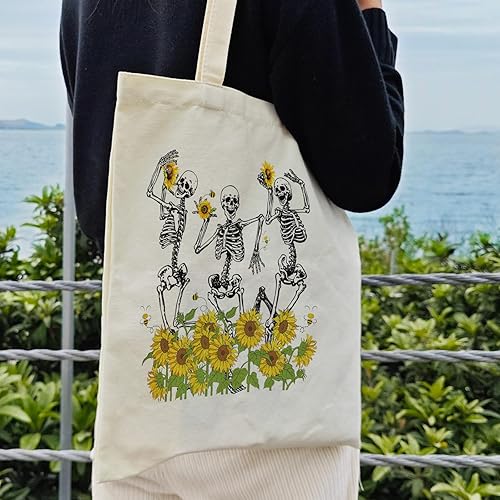 Miniatura 4 de Dlzdn Bolsa de lona con diseño de calavera y girasoles para mujer, estética, divertida bolsa de esqueleto floral, bolsa de compras, bolsa de playa,