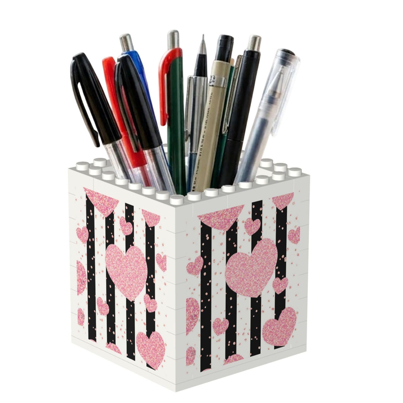 Poadnly Romantic Heart Rose Gold Sequin Stripe, Pen Pot Pencil Holder for Office Home School, Compact Desk Organiser for Office Stationery