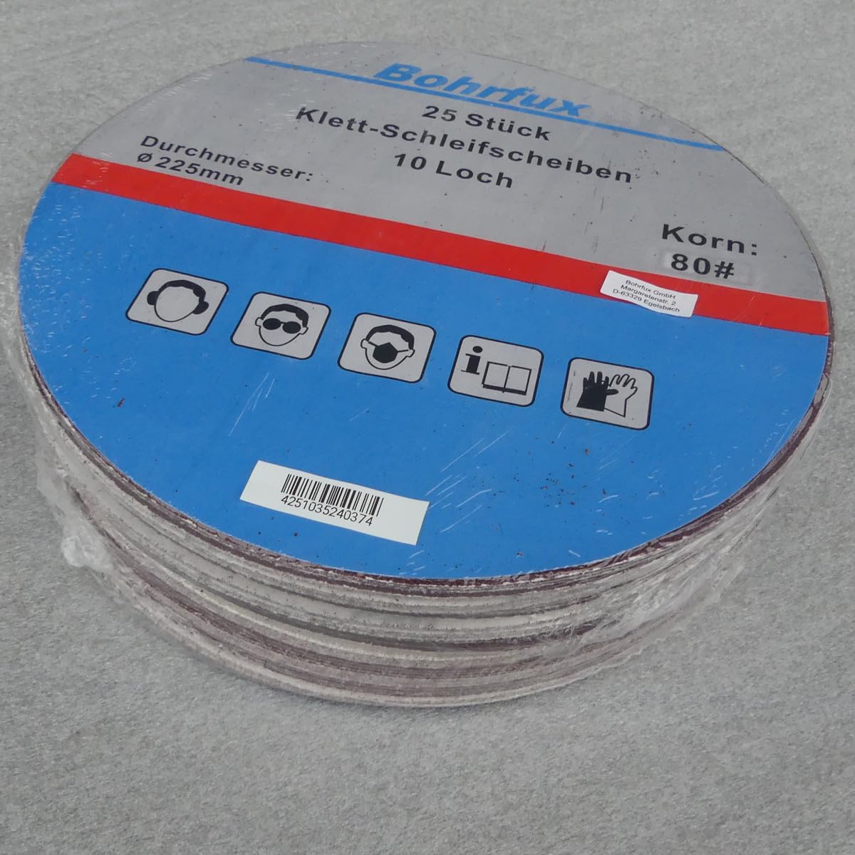 50 discos de lija de KLETT de 225 mm de diámetro, con 10 agujeros, grano P80, lijadora excéntrica, lijadora de cuello largo de Bohrfux