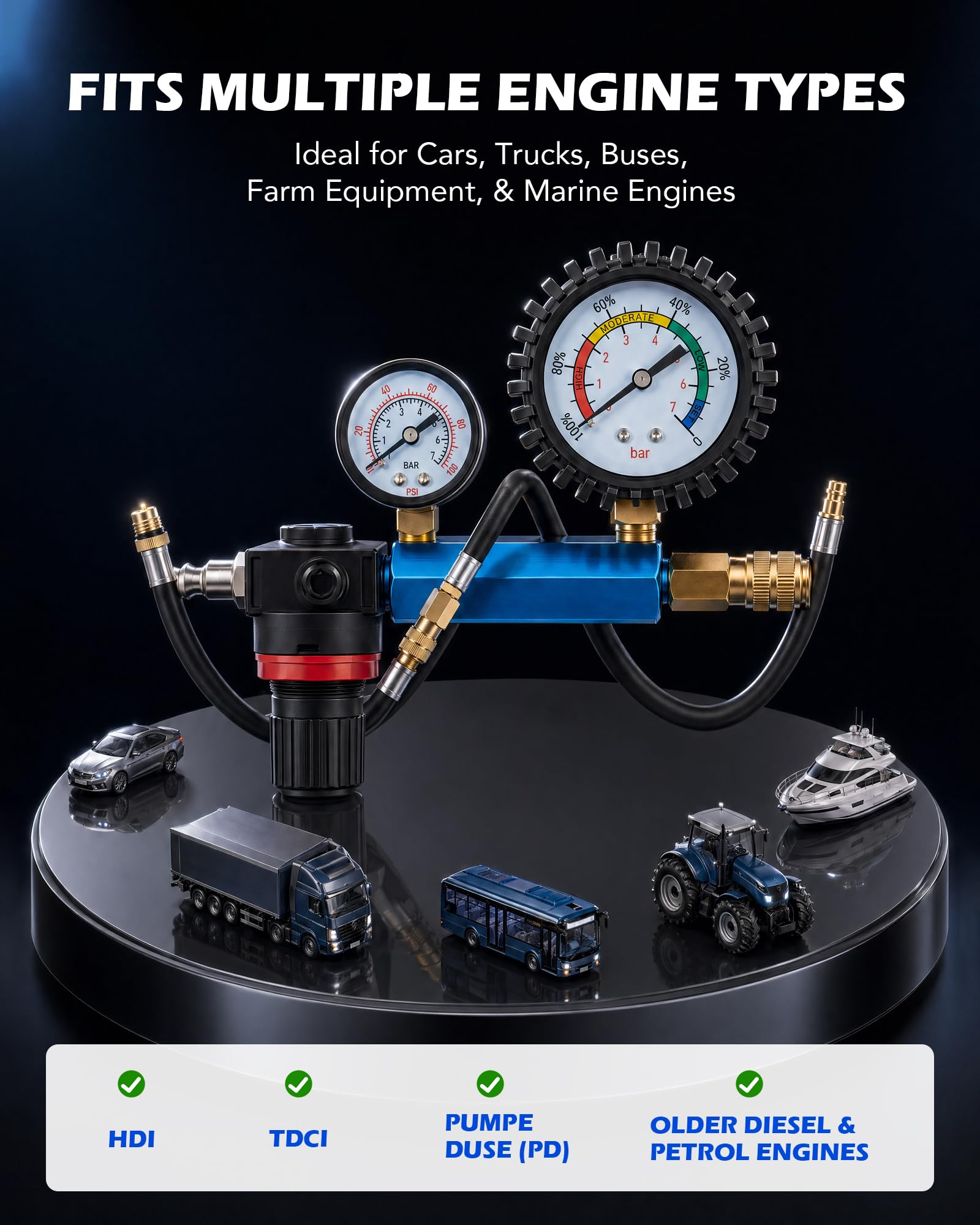 Orion Motor Tech Tester Compressione Motore 51-PZ. Kit di Prova Perdite Cilindri con Doppio Manometro Adattatori Tubi Flessibili e Attacchi Rapidi per Motori Benzina Diesel HDi TDCi e PD