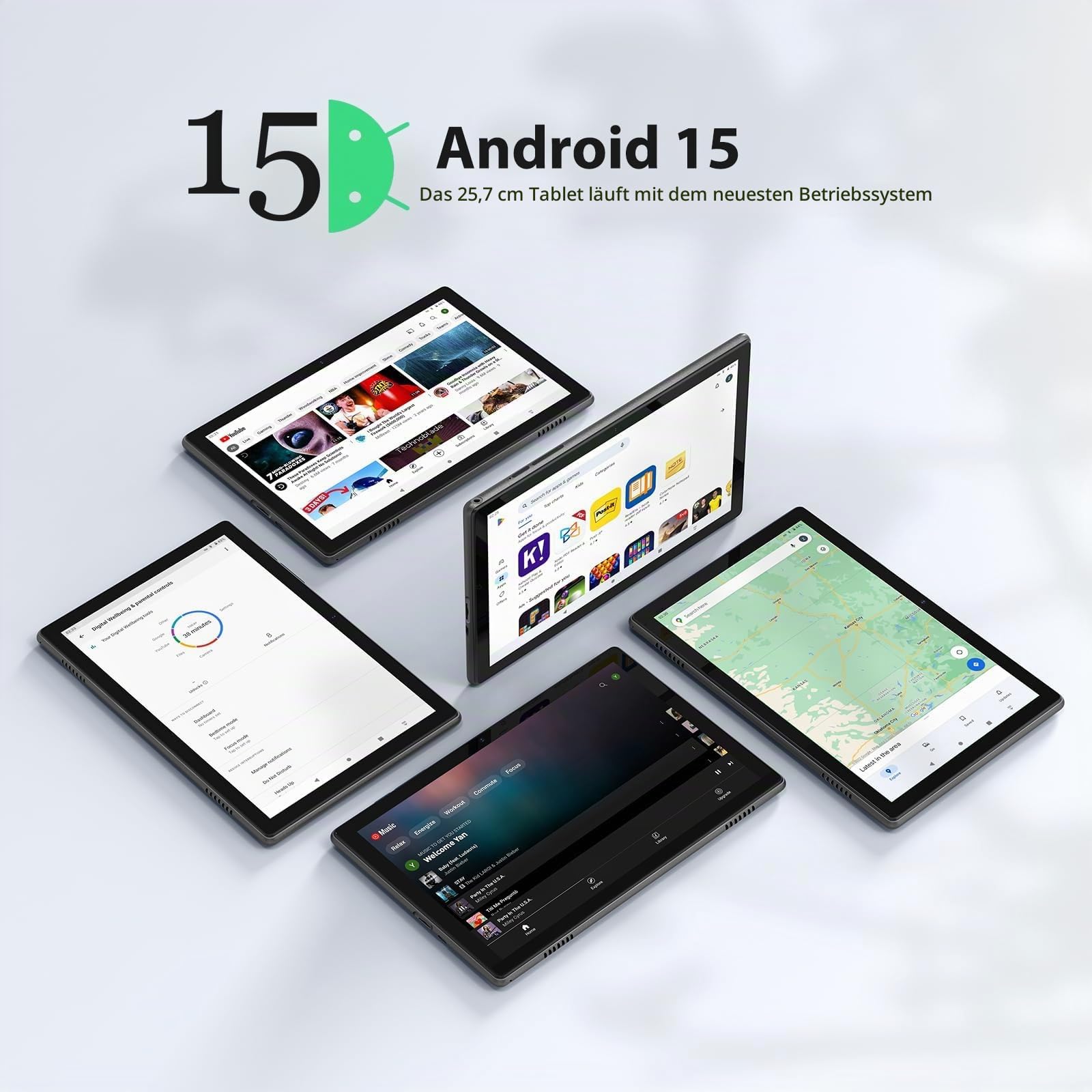 Tablet 10 Zoll, Touchscreen mit 36 GB RAM 128 GB ROM/2 TB TF, Octa-Core 2,0 GHz, 5G WiFi, WiFi 6, Widevine L1, GMS-zertifiziert, 8 MP, Android 15 Tablet mit Tastatur/Hülle/Kopfhörer/Maus/Eingabestift