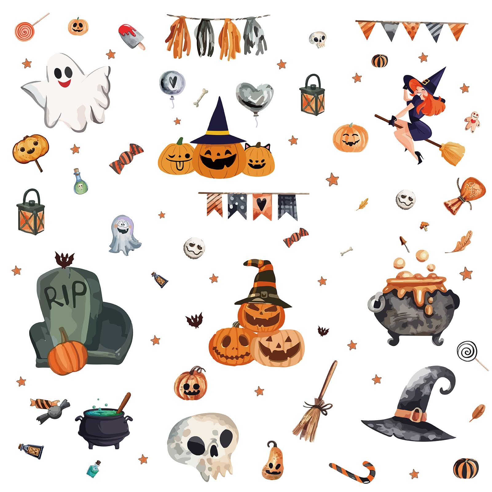CRASPIRE8 Sheets 8 Styles Halloween Window Stickers Large Skull Ghost Pumpkin Window Clings Wall Decor Decals Stickers for Bedroom Living Room Store Showcase Wall Decorations Party Supplies